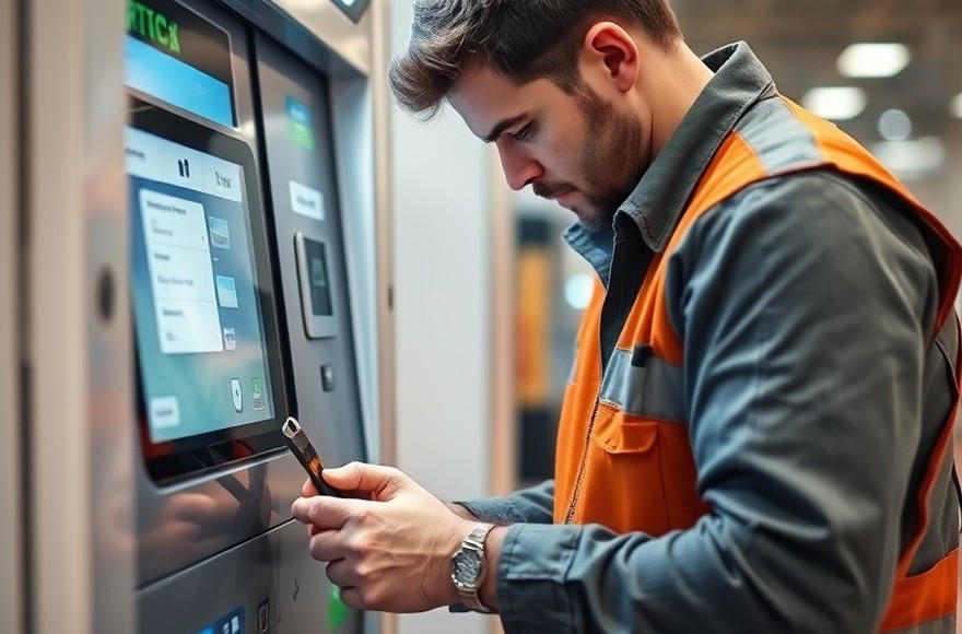 Equipo técnico trabajando sobre un terminal de autoservicio