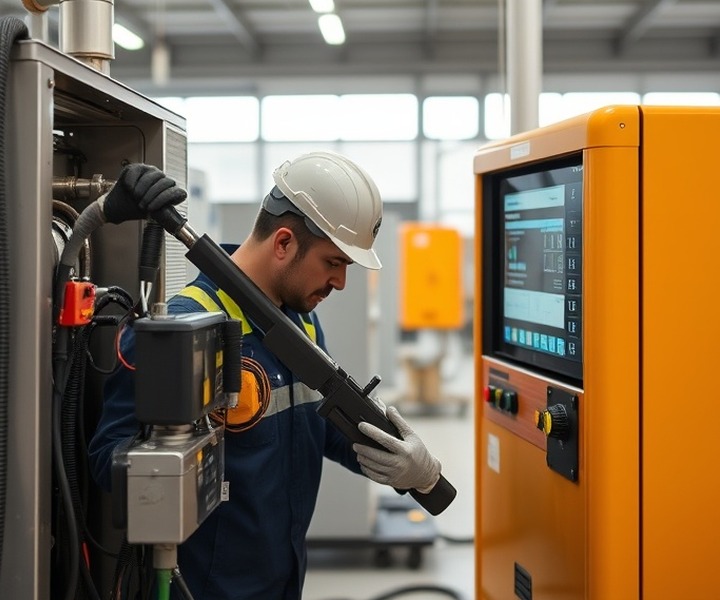 Técnico realizando el mantenimiento de un terminal de autoservicio