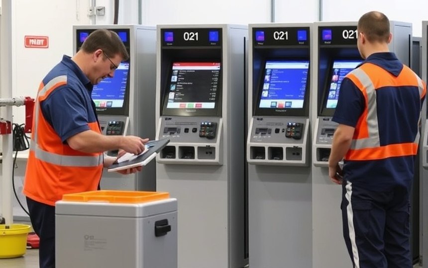 Técnico realizando el mantenimiento de un terminal de autoservicio