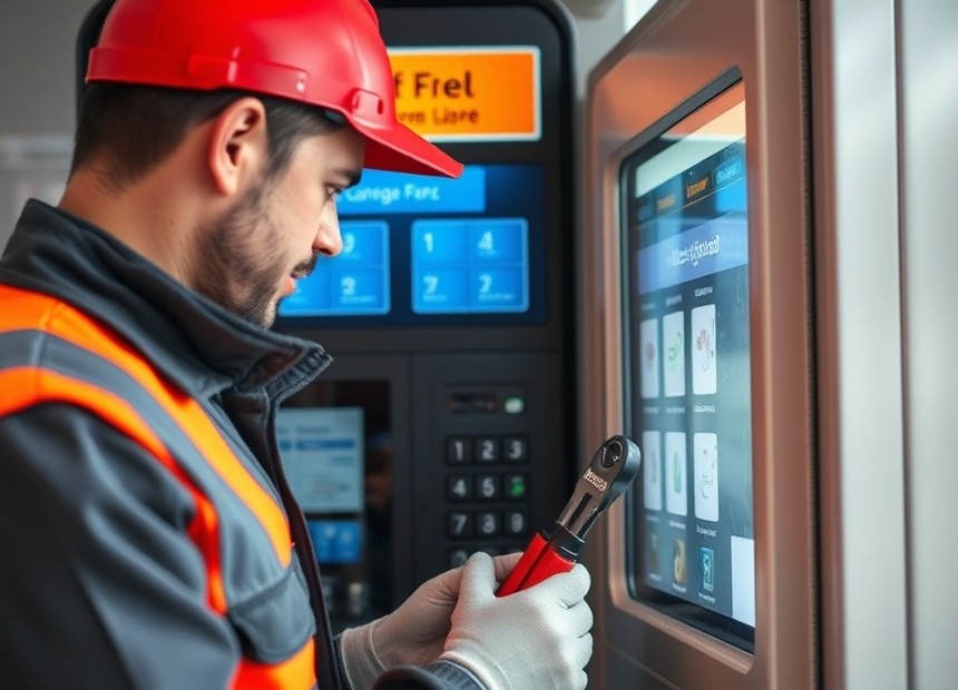 Técnico realizando el mantenimiento de un terminal de autoservicio